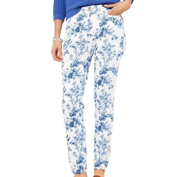 Talbots Slim Ankle Jean Butterfly Floral Toile White & Blue Womens Size 6P - Picture 1 of 12
